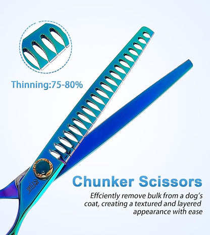 Stjuo 7.5'' Dog Chunker Scissors for Grooming 440C Stainless Steel Green Professional Pet Trimming Scissors Sharp Blades Cutting for Dogs and Cats Shears
