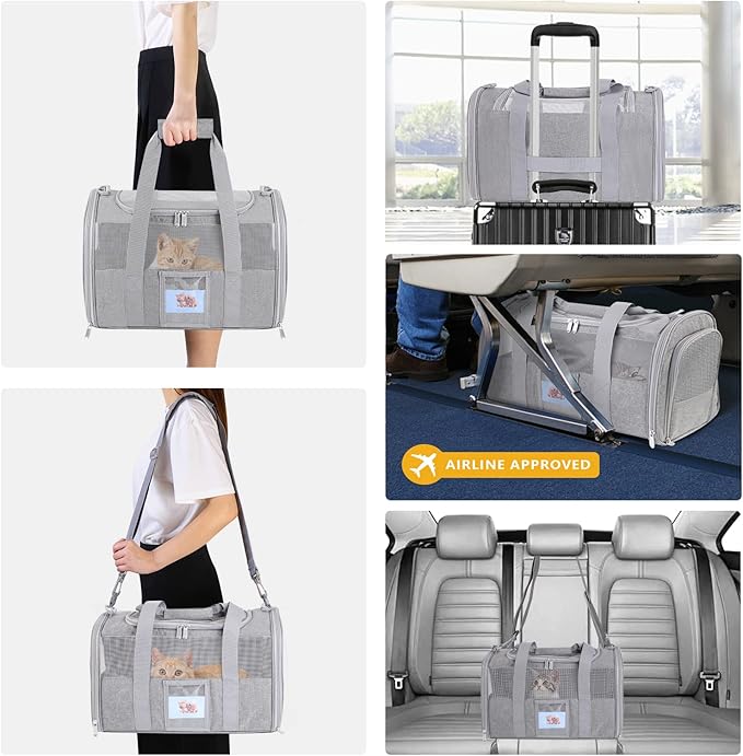 SECLATO Cat Carrier Pet Dog Carrier Airline Approved for Puppy Kitten Carriers Under 15lb, Collapsible Soft Sided TSA Approved Travel Carrier-Grey