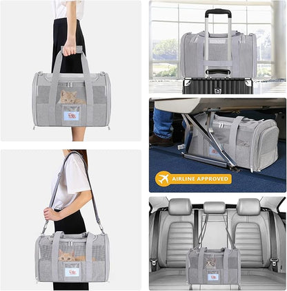 SECLATO Cat Carrier Pet Dog Carrier Airline Approved for Puppy Kitten Carriers Under 15lb, Collapsible Soft Sided TSA Approved Travel Carrier-Grey