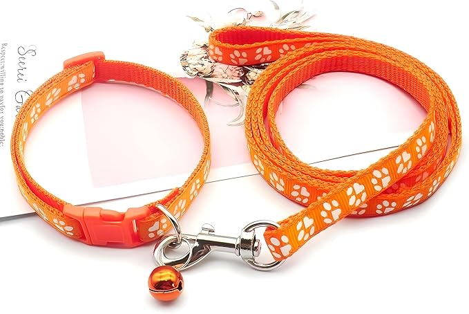 Bell Collar for Small Dogs Leash Set, Nylon Basic Reflective Girl Dog Collar Paw Print for XXS Xs Small Cat Puppy Pet Animal Litter Tiny Kitten, Orange