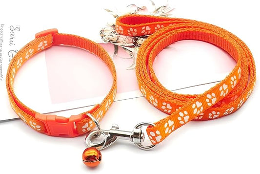 Bell Collar for Small Dogs Leash Set, Nylon Basic Reflective Girl Dog Collar Paw Print for XXS Xs Small Cat Puppy Pet Animal Litter Tiny Kitten, Orange