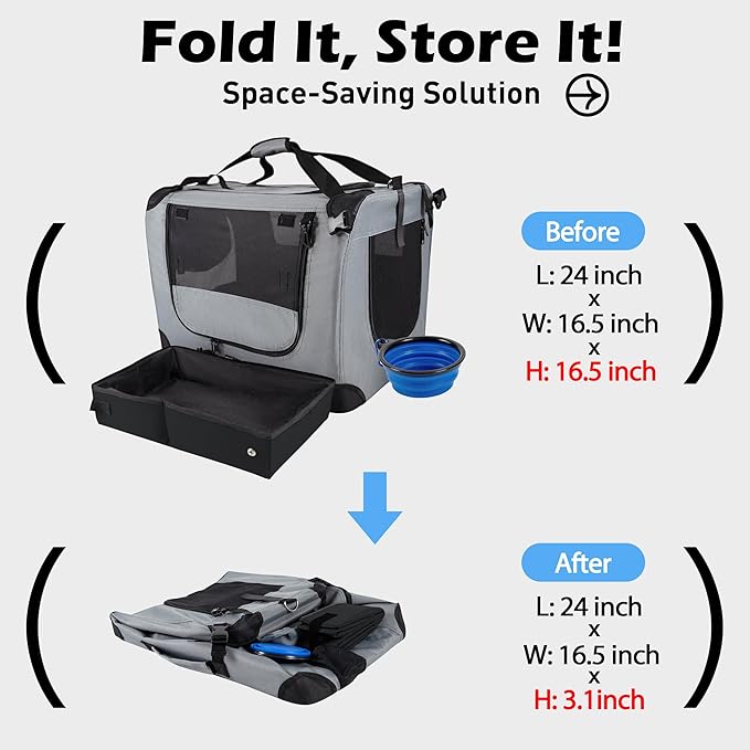Prutapet Large Cat Carrier 24"x16.5"x16.5" Soft-Sided Portable Pet Crate for Car Traveling with Collapsible Litter Box and Bowl