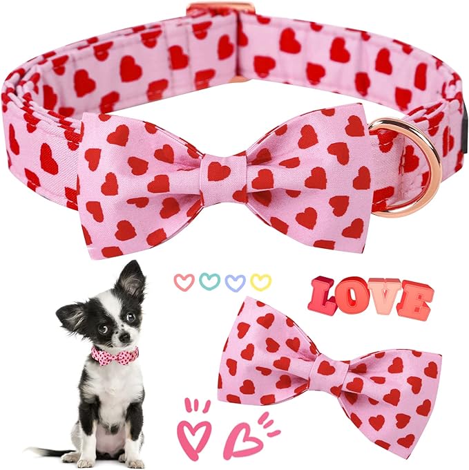 ARING PET Valentine's Day Dog Collar with Bow, Cute Adjustable Pink Heart Bowtie Pet Collars with Metal Buckle for Puppy Small Medium Large Boy Girl Dogs-M
