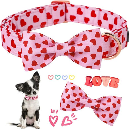 ARING PET Valentine's Day Dog Collar with Bow, Cute Adjustable Pink Heart Bowtie Pet Collars with Metal Buckle for Puppy Small Medium Large Boy Girl Dogs-M