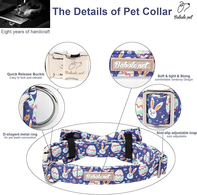 Easter Dog Collar with Bow Tie- Adjustable Easter Bunny Eggs Dog Collar Cute Rabbit Bowtie Metal Buckle Puppy Collars for Small Medium Large Dogs XL