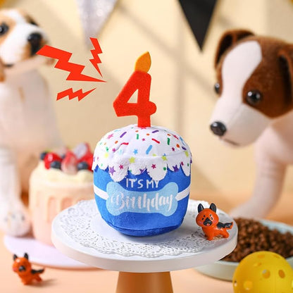 Dog Birthday Cake Toy Accessories for Girl Boy Gifts, Squeaky Plush Toy for Dog Birthday Party Decor Favor for Large, Medium and Small Dogs(4th,Blue)