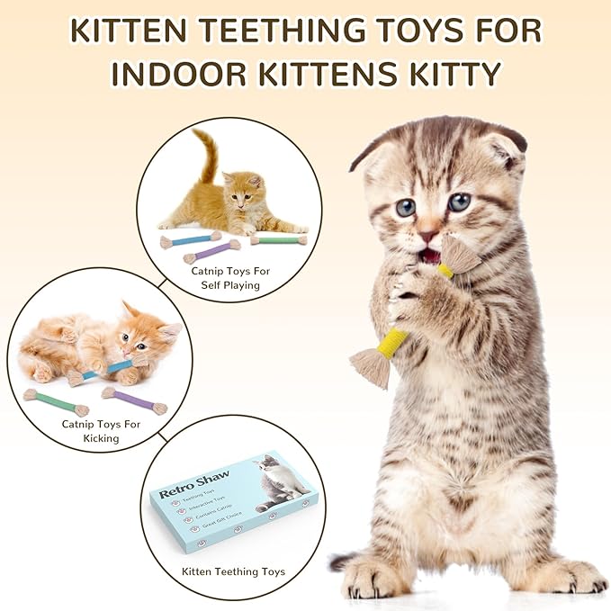 Retro Shaw Kitten Toys 4Pcs, Cat Chew Ropes with Refillable Natural Catnip, Safe Teeth Cleaning Kitty Toys for Indoor Cats Nip Kicker Interactive Pet Toy