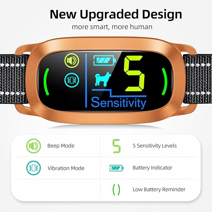 Dog Bark Collar for Large Medium Small Dogs, Rechargeable Smart Bark Collar, Anti Barking Training Collar with 5 Adjustable Sensitivity Beep Vibration (Copper)