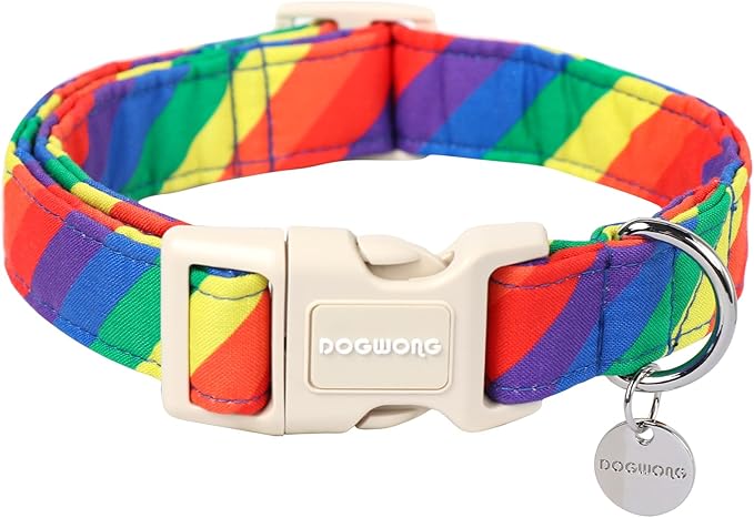 DOGWONG Cotton Dog Collar, Rainbow Dog Collar Durable Soft Natural Fabric Pet Dog Collar Cute LGBTQ Puppy Necklace for Small Medium Large Dog