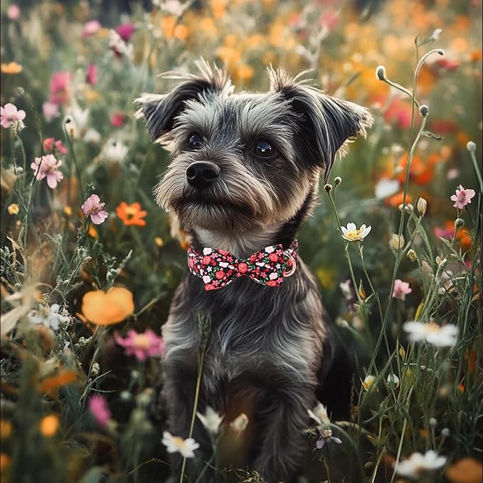 Floral Dog Collar with Bow Tie - Rose Red Wild Flowers Pattern Bowtie Puppy Collar, Adjustable Winter Heavy Duty Dog Collars for Small Medium Large Dogs XL