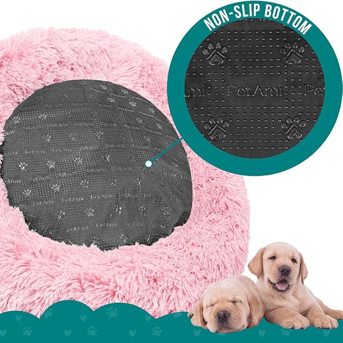 PetAmi Calming Dog Bed for Small & Medium Dogs and Cats, 30” Round Donut Dog Bed, Washable Fluffy Faux Fur Puppy & Cat Bed, Anti-Anxiety Plush Cuddler Pet Bed with Anti-Slip Bottom - Pink