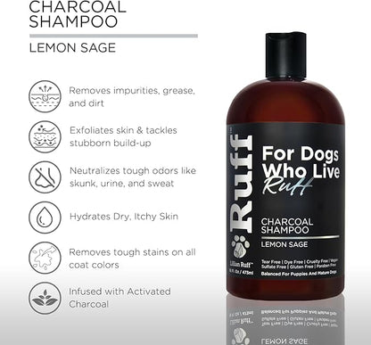Ruff by Lillian Ruff Activated Charcoal Pet Shampoo – Deep Cleanser, Deodorizer, Stain Remover – Lemon Sage Scent, pH Balanced, Hydrate Dry Itchy Skin – Safe for Puppies & Mature Dogs