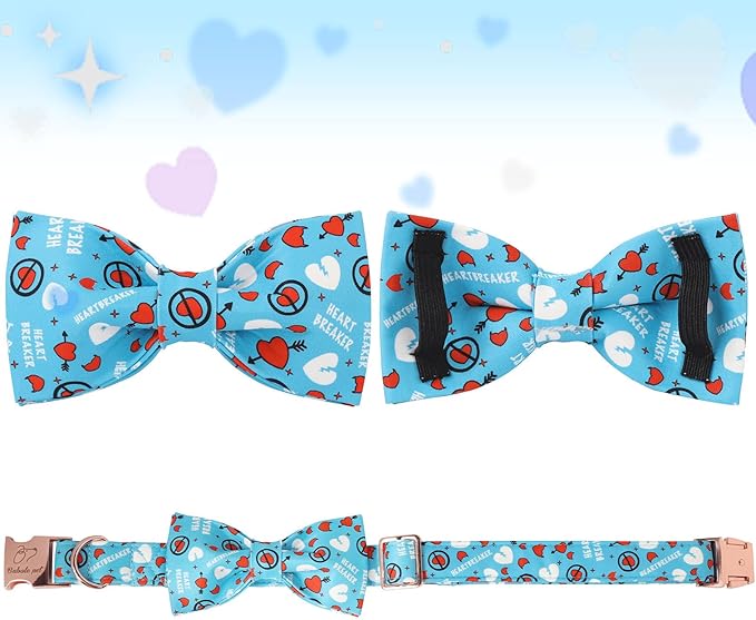 Valentines Dog Collar with Bowtie, Blue Heart Dog Collar with Bow, Cute Valentine Heart Pet Collar with Metal Buckle Adjustable for Boys&Girls Dogs, X-Small