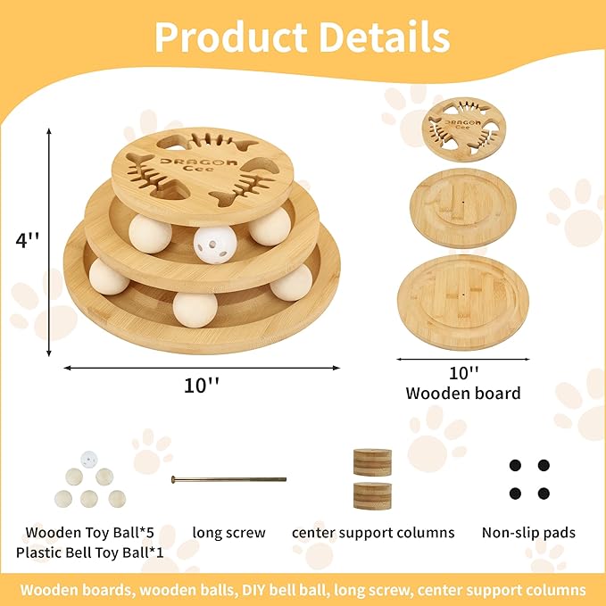 DRAGONCEE Cat Ball Track Toy, Interactive Toys for Indoor Cats, Wooden Tower of Tracks Cat Toy– 3-Level Track Tower with 6 Balls