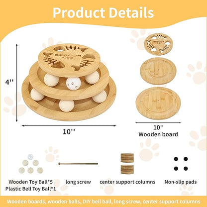 DRAGONCEE Cat Ball Track Toy, Interactive Toys for Indoor Cats, Wooden Tower of Tracks Cat Toy– 3-Level Track Tower with 6 Balls