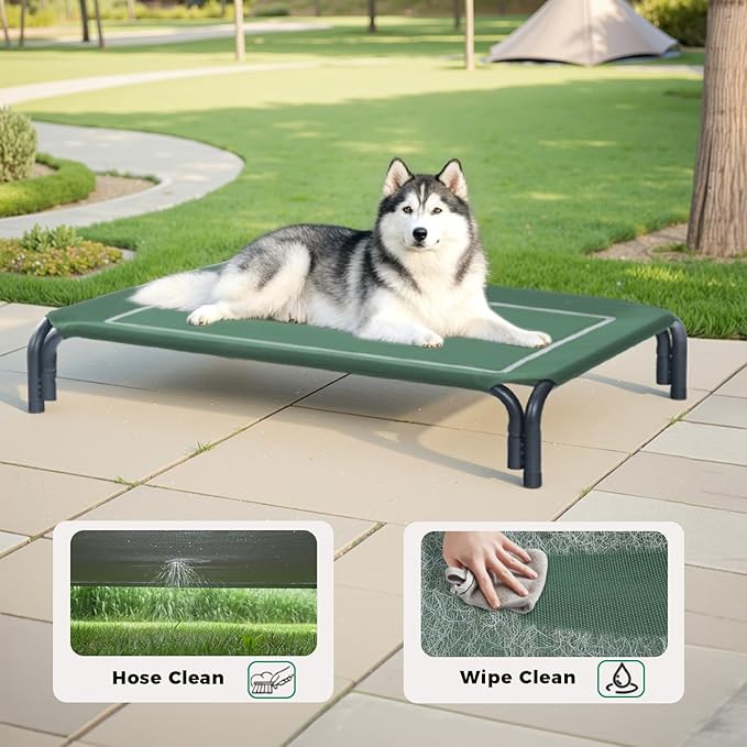 Elevated Dog Bed Raised Outdoor Dog Cot for Medium Dogs, Installation Requires No Tools, Frame with Washable Cooling Breathable Mesh Anti-Slip Feet, Indoor Pet Bed, Green, 35.4 Inches