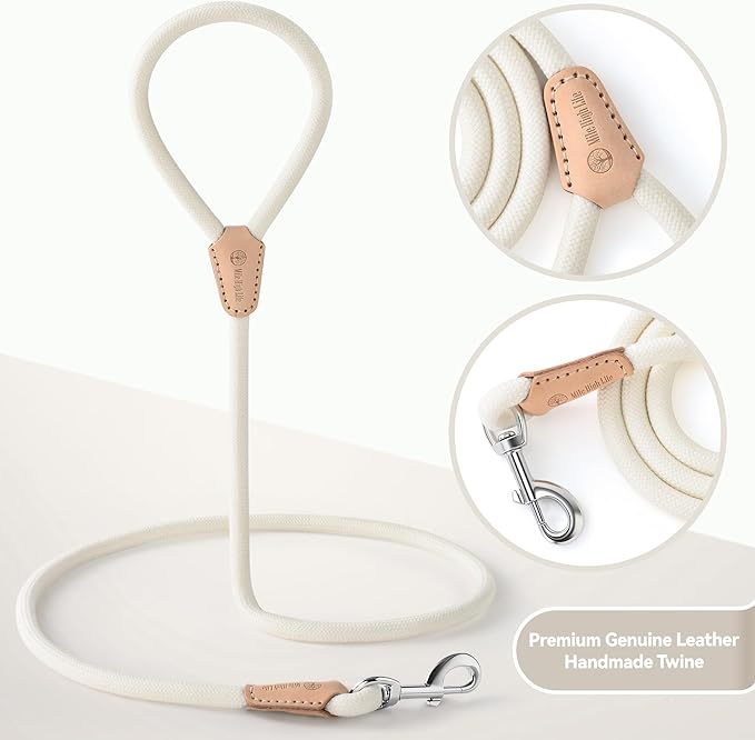 Mile High Life Dog Leash, Rope Leash with Genuine Leather Connection and Heavy Duty Metal Clasp, Great for Small Medium Large Dogs(Cream White,72 Inch)