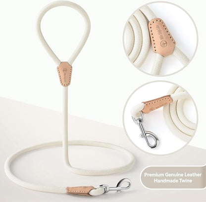 Mile High Life Dog Leash, Rope Leash with Genuine Leather Connection and Heavy Duty Metal Clasp, Great for Small Medium Large Dogs(Cream White,48 Inch)