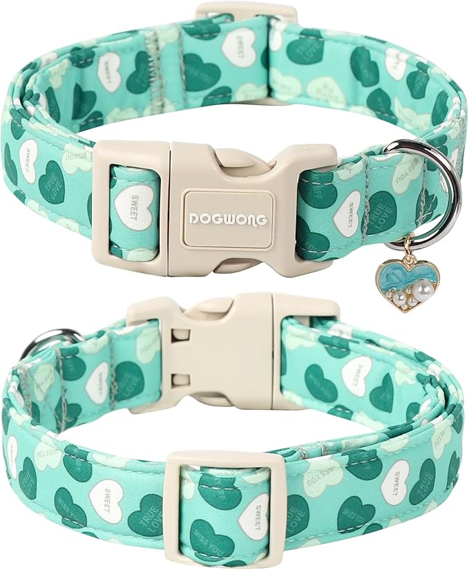 DOGWONG Valentine's Day Dog Collar - Green Heart, Adjustable Soft Cute Pet Collar for Small, Medium & Large Dogs