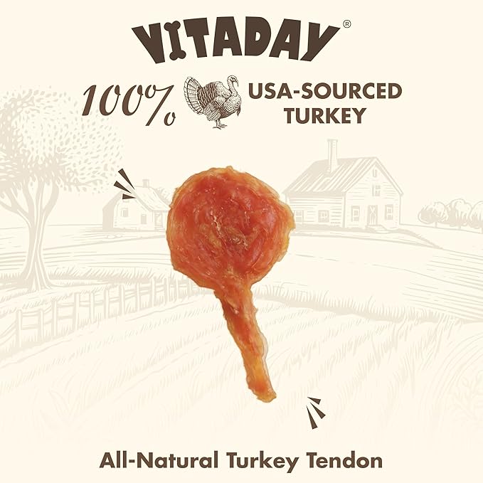 VITADAY Turkey Tendons for Dogs, All Natural, Healthy Dog Treats, Long Lasting, Hypoallergenic Dog Chews, Rawhide Free, USA-Sourced, for All Dogs, Lollipop, 4 Count Pack