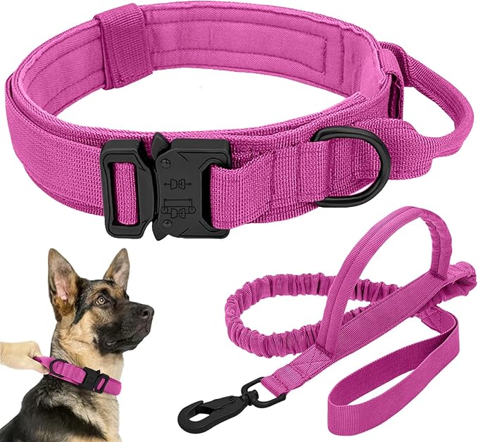 Tactical Dog Collar Leash Set, Adjustable Military Training Nylon Collar Dog Training with Control Handleand Metal Buckle, Dog Collar for Medium Large Dogs (Pink,XL)