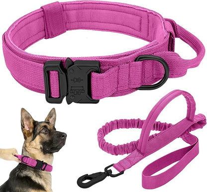 Tactical Dog Collar Leash Set, Adjustable Military Training Nylon Collar Dog Training with Control Handleand Metal Buckle, Dog Collar for Medium Large Dogs (Pink,XL)