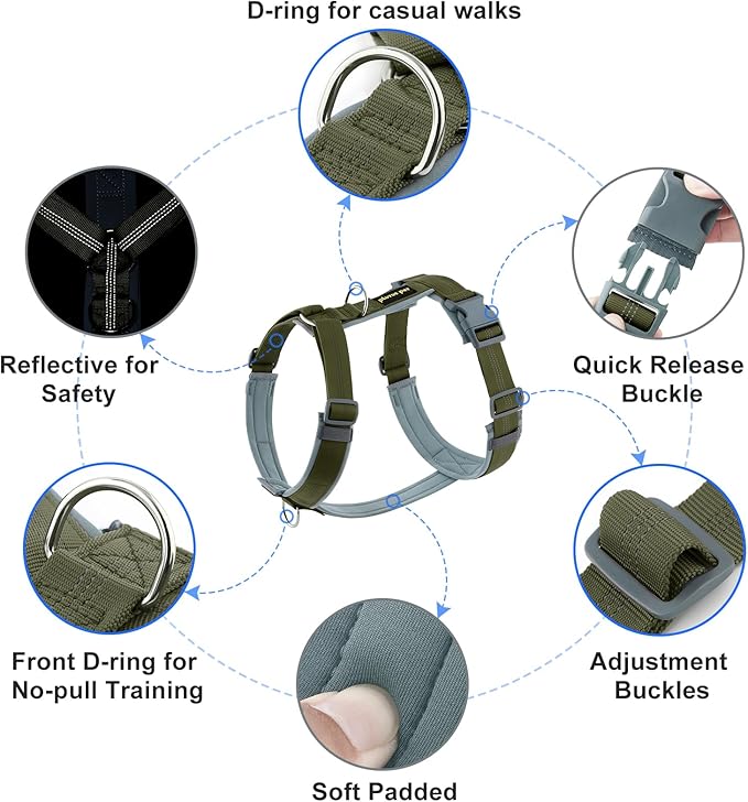 Plutus Pet No Pull Dog Harness, Adjustable Nylon Harness with Soft Padding, Reflective and Heavy Duty Dog Harness for Small, Medium, Large Dogs(Ranger Green, XL)