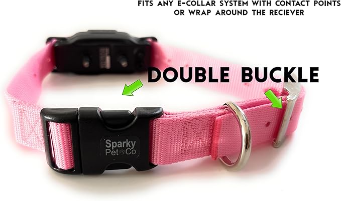 Sparky Pet Co - ECollar Replacement Strap - Easy Release Double Buckle Dog Collar - Rugged Nylon - Adjustable - D Ring - Quick Release Metal Clasp - for Invisible Fence Systems - 1" x 28" - Pink