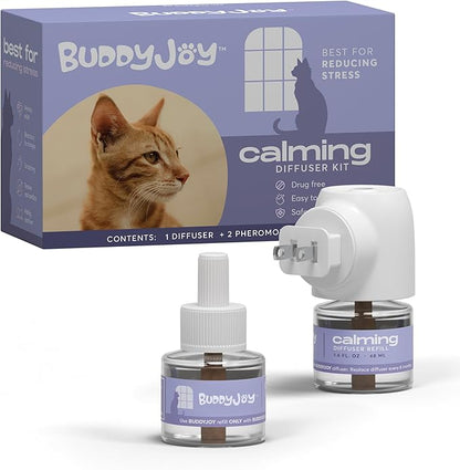 BUDDYJOY Cat Calming Diffuser Refills – Long-Lasting 30-Day Formula with Pheromones for Stress Relief, Relaxation, and Anxiety Reduction in Cats – (1 Diffuser + 2 Refills)