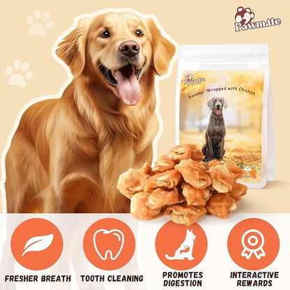 Pawmate Dog Treats Chicken Wrapped Banana Slices with 1% Taurine, Healthy Training Snacks Rich in Natural Fiber, Rawhide-Free Grain-Free Soft Chews for Small Medium Dogs, 10.6 oz
