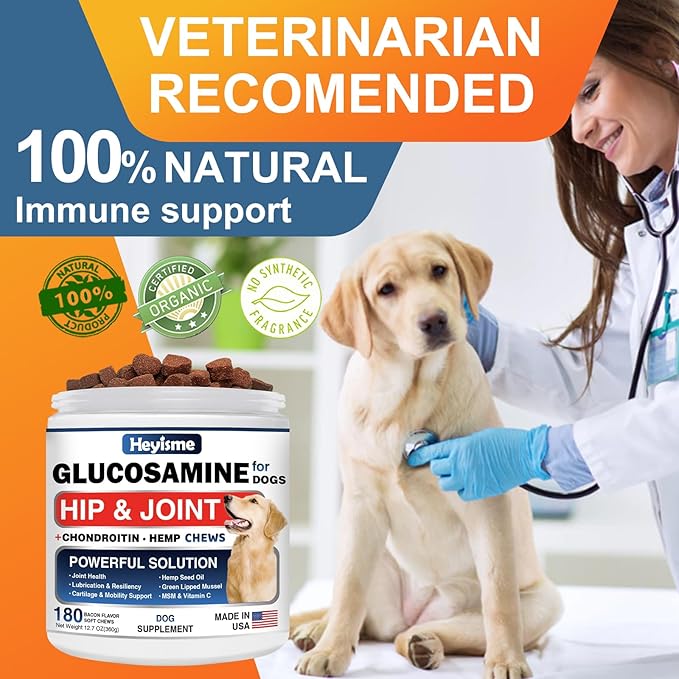 HEYISME Glucosamine for Dogs, 180 Chews Hip and Joint Supplement for Dogs, Glucosamine Chondroitin, MSM Hemp Dog Joint Pain Relief, Dog Joint Supplement Health Mobility Support (180 Chews, Bacon)