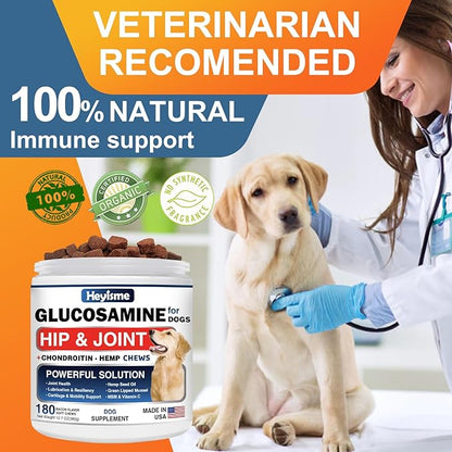 HEYISME Glucosamine for Dogs, 180 Chews Hip and Joint Supplement for Dogs, Glucosamine Chondroitin, MSM Hemp Dog Joint Pain Relief, Dog Joint Supplement Health Mobility Support (180 Chews, Bacon)