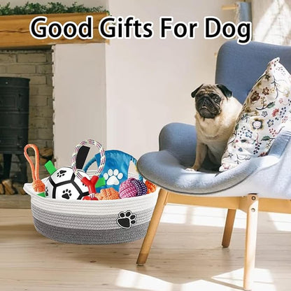Domchan 7 Pcs Puppy Dog Toys Storage Basket Set Dog Gift Chew Toys for Teething Squeaky Plush Duck Rope Woven Basket with Handles for Small Puppy