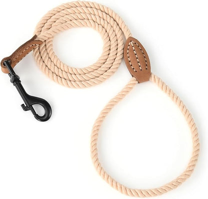 Mile High Life Dog Leash, Braided Cotton Rope Leashes with Leather Tip - Heavy Duty Metal Clasp, 5FT, 1/3" Thick - Wedding, Walking Leash for Small Medium Dogs(Light Brown)
