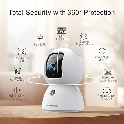CINMOORE 2.5K Pet/Dog Camera with Speaker/Phone App, No-Monthly-Fee AI Person/Pet/Cry Detection Security Camera Indoor, PTZ 2.4GHz WiFi Baby Monitor Cameras for Home Security, Night Vision, 2-Way Talk