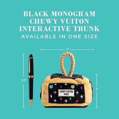 Haute Diggity Dog Black Monogram Chewy Vuiton Interactive Trunk, Plush Designer Dog Toys with Interactive Squeaker, Stimulating Pet Enrichment, Machine-Washable & Safe Materials for All Breeds
