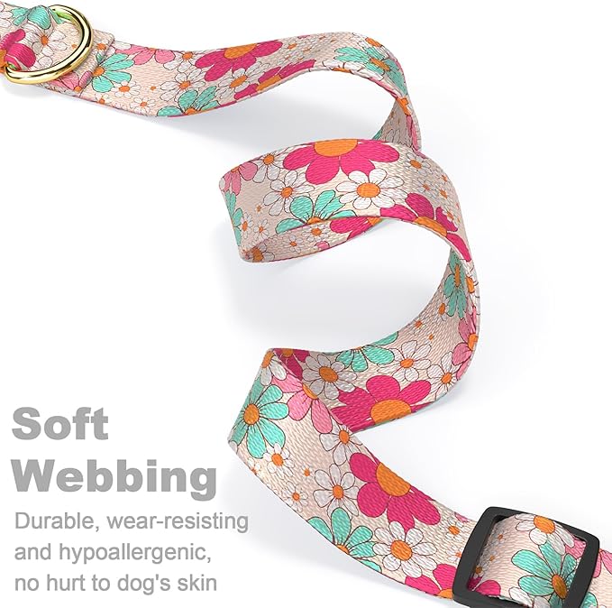 Rnivvi Dog Collar for Medium Dogs, Cute Heavy Duty Adjustable Puppy Collar with Quick Release Buckle for Girl & Female, Pet Accessories for Walking Running, M Length 1" Width, Hand Drawn Flowers