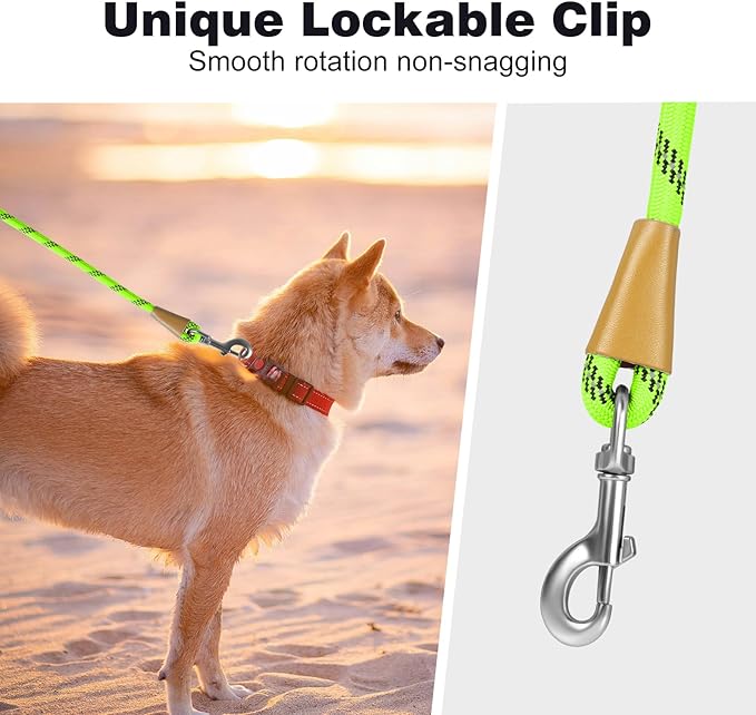 lynxking Rope Dog Leash 6 FT with Comfortable Padded Handle, Highly Reflective Threads Leash for Small Medium Large Dogs (Light Green, 2PCS Large 1/2in x 6ft-Rope Clasp)