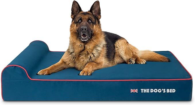 The Dog’s Bed Orthopedic Headrest Dog Bed XL Blue Oxford with Red Trim UK Flag Dog Bed, Memory Foam, Hip & Elbow Dysplasia, Post Surgery, Waterproof Washable Cover, Veterinary Approved