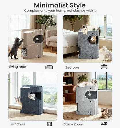 Made4Pets Cat House for Indoor Use, 2-Storey Cube Bed Cave, Covered Hideaway Condo with Scratch-Resistant Felt, Foldable Easy-to-Clean Design for Multi-Cat Homes, Grey