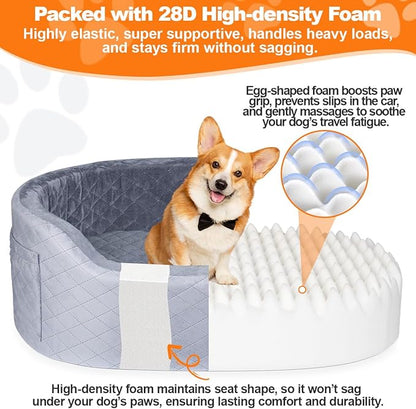 Dog Car Seat for Medium Large Dogs Up to 25.59", 28D High-Density Memory Foam with Waterproof Cover, Pet Travel Bed with Storage Pockets, Blanket, Dog Safety Belt, Grey