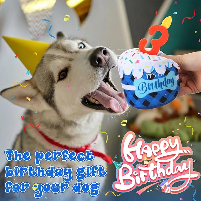 Dog 3rd Birthday Cake Toy Accessories for Girl Boy Gifts, Blue Grid Squeaky Plush Toy for Dog Birthday Party Decor Favor for Large, Medium and Small Dogs