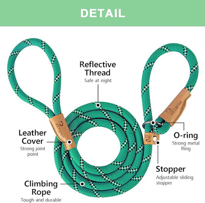 5 FT Slip Lead, Heavy Duty Rope Leash for Small to Large Dogs, No Pull Training Lead with Reflective Thread, Strong Comfortable Loop (Green Stripe, Large(1/2"))