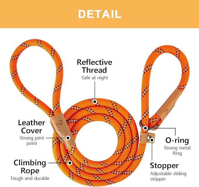 5 FT Slip Lead Dog Leash, Heavy Duty Rope Leash for Small Medium Large Dogs, No Pull Training Lead with Reflective Thread, Strong Comfortable Loop Leash (Orange Stripe, Large(1/2"))