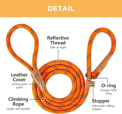 5 FT Slip Lead Dog Leash, Heavy Duty Rope Leash for Small Medium Large Dogs, No Pull Training Lead with Reflective Thread, Strong Comfortable Loop Leash (Orange Stripe, Large(1/2"))