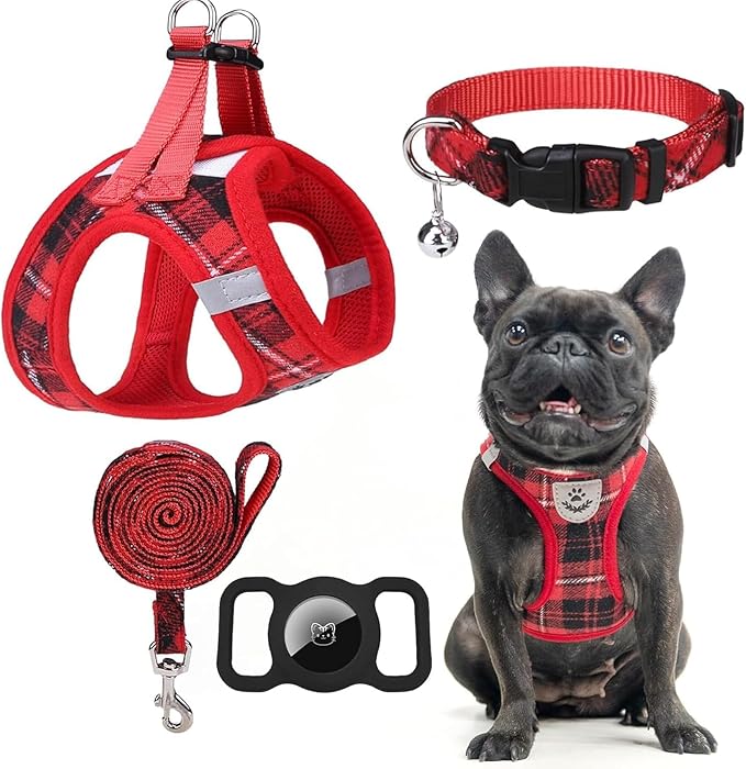 EXPAWLORER Classic Plaid Puppy Harness - Small Dog Harness and Leash Set - Dog Collar and Leash Set with AirTag Holder, Soft Padded Step in Dog Vest Harness No Pull Reflective for Outdoor, Red XXS