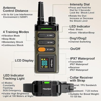 MawrPet Dog Training Collar with Remote-5200FT, Dog Shock Collar with IPX7 Waterproof, Shock, Vibration, Beep, E-Collar for Dogs Training, Rechargeable, Suitable for All Breeds of 15-120lbs