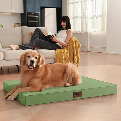 Tail Stories Outdoor Extra Large Dog Bed, Jumbo Waterproof Dog Bed for Large Dogs, Orthopedic Egg Crate Foam Pet Mat with Removable Oxford Cooling Cover, Light Green