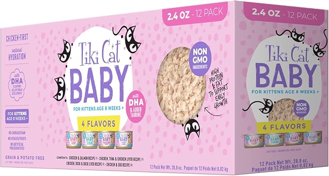 Tiki Cat Baby, Shreds Variety Pack, High-Protein and Flavorful, Wet Cat Food for Kittens 8 Weeks Plus, 2.4 oz. Cans (Pack of 12)