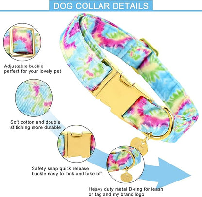 Tie Dye Summer Cotton Dog Collar with Metal Buckle Gift Collar for Small Medium Large Girls or Boys Dogs Cute Durable Comfortable Pet Collars